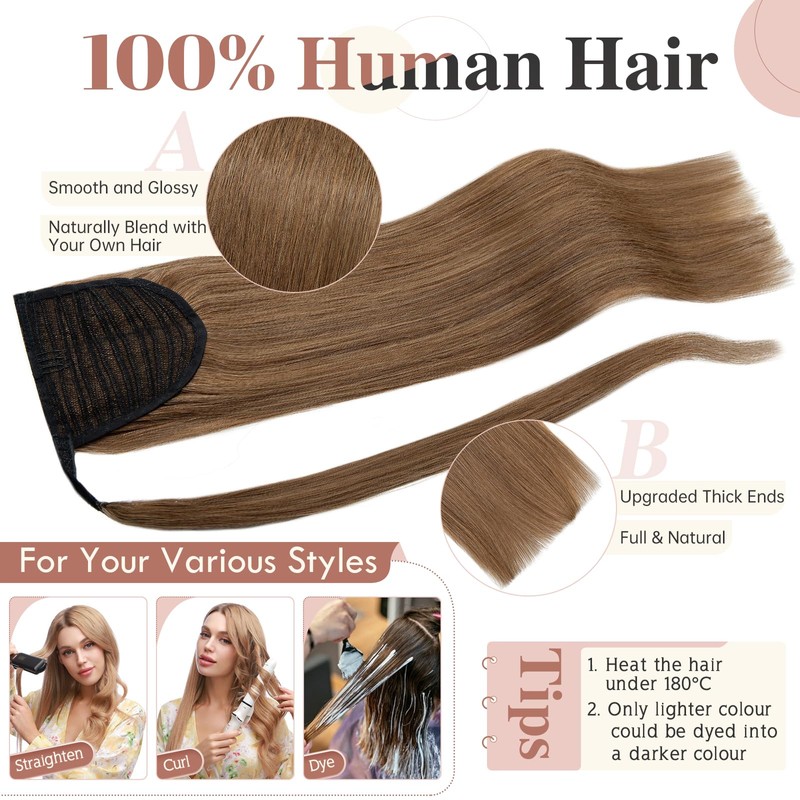 Elailite Human Hair Ponytail Extension Straight - Wrap Around Clip