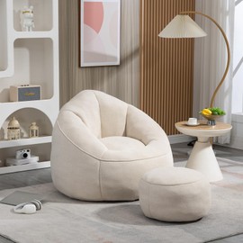 Bean Bag Chair with Ottoman, Comfy Beanbag Chair for Adults with Memory Foam Filler, Lazy Bean Bag Sofa with Stool, Cozy Lounge Chair for Teens and Kids to Reading, Gaming and Watching TV (Beige)