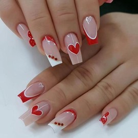 French Tip Press on Nails Heart Fake Nails Medium Square False Nails with Rhinestone Design Nude Glue on Nails Acrylic Full Cover Glossy Stick on Nails for Women Manicure