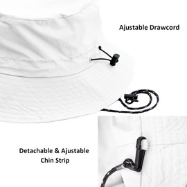woogwin Waterproof Bucket Rain Hat with Chin Strap Quick Dry Packable Boonie Sun Hat Safari Hat UV Protection, White, Medium-X-Large