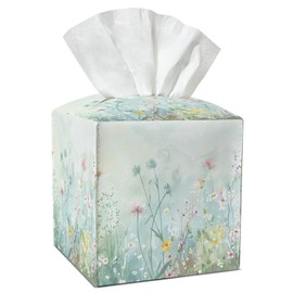 Watercolor Flowers Tissue Box Covers Square, Leather Tissue Box Holders Decorative for Car Nightstand Home Office Bathroom Organizer, Square Facial Paper Organizer Home Decor -010