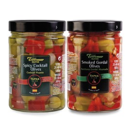 Torremar. Smoked Gordal Queen Olives and Spicy Cocktail Olives. 580g (20.46oz). Pack of 2. One of each.