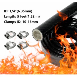 HONTAYOKA 1/4" ID Heat Shielded Fire Sleeve Thermo Armor Silicone Coated Fiberglass Heat Protection w/ 4 Clamps for Automotive Hose Lines & Electrical Wiring - Black 5FT