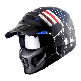 1Storm Motorcycle Full Face Helmet Open Face Helmet with Smoked Shield (Detachable Visor & Face Mask): HKY881S-E Skull Flag