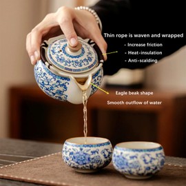 CmengAo Floral Ceramic Hand-held Teapot with 2 Teacups - Blue and White Porcelain Entangled Lotus Pattern, Anti-scalding Design, 8.5 oz Loose Leaf Kungfu Tea Pot Pitcher for Tea Ceremony Home Office