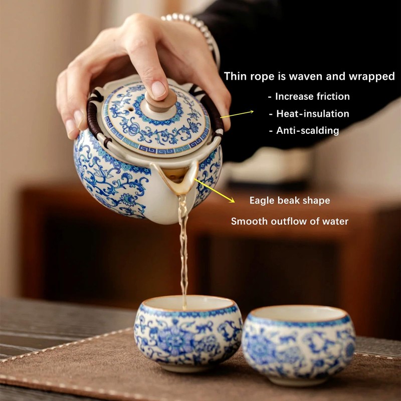 CmengAo Floral Ceramic Hand-held Teapot with 2 Teacups - Blue