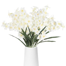 IPOPU 10pcs Artificial White Orchid Fake Silk Orchid Faux Cymbidium Flower with Stem for Home Wedding Party Garden Decor(White)