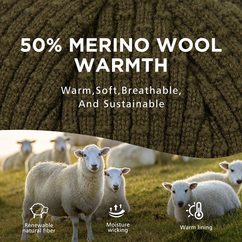 TOP-EX PolarWool™ XL/XXL 50% Merino Wool Peaked Beanie Hat Men