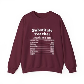 Substitute Teacher Nutrition Facts Sweatshirt for Teachers Appreciation Gift Cute Teacher Outfit Maroon