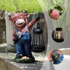 WSHMZYHOME Highland Cow Garden Statue 10.4" with Solar Lantern， Decorative Farm Animal Figurine for Indoor Outdoor Home Patio Yard Lawn Ornament and Gift for Mom