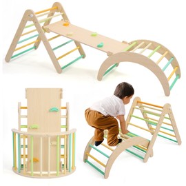 KODMIS Pikler Traingle Set 7-in-1 Wooden Climbing Kits Toy Foldable Montessori Toy Jungle Gym Playing Sets with Arch-Ramp-Ladder Indoor Climber(Climbing Sets)