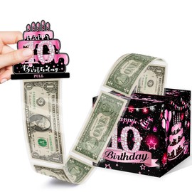 Pink Surprise Box Explosion Gift for Boys & Girls - Pull String Money Box for 10th Birthday Party Decor - 35 Bags Included