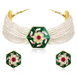 Aheli Green White Synthetic Stone & Beads Studded Meenakari Necklace Stud Earrings Fashion Jewellery Set Gift for Women