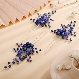 Rumtock 3pcs Blue Crystal Hair Pins Long Side Hair Piece for Wedding Brides Bridesmaid Boho Hair Accessories for Prom (Blue)
