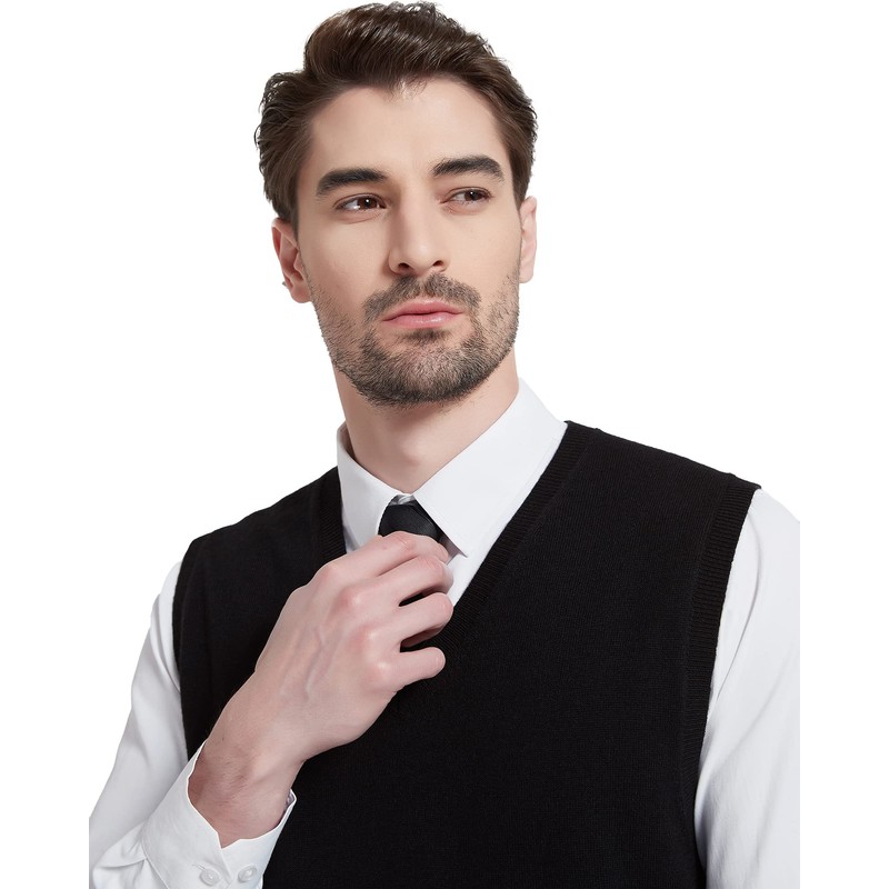 Kallspin Mens Wool Blend V Neck Sleeveless Sweater Vest, black