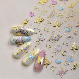 Butterfly Nail Art Stickers Golden Nail Decals Self Adhesive 5D Embossed Moon Heart Nail Sticker for Nail Art Design Spring Nail Stickers for Women Girls Supplies Nail Art Decorations Accessories