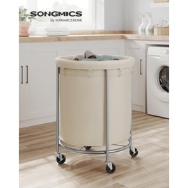 SONGMICS 50.2-Gallon (190 L) Laundry Basket with Wheels, Rolling Round Heavy-Duty Laundry Hamper Cart with Steel Frame and Removable Bag, 2 Locking Wheels, Cream White and Metallic Silver URLS01MZ