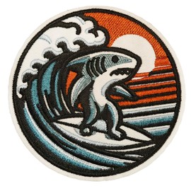 Wikineon Shark Surfing Patch Iron-On & Sew-on | Stylish Adult Design | Embroidered Patch for Jackets, Hoodies, Jeans
