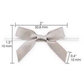 Handmade Satin Ribbon Bows, 2 inch Bow with 1 inch Tail, Pre-tied with Clear Twist Tie, Suitable for Bags, Pack of 50 (Silver)