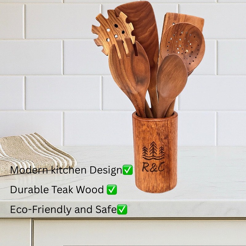 R&C 9-Piece Wooden Kitchen Utensil Set – Premium Teak Cooking