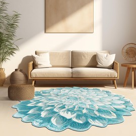 Flower Rug 5ft Round Area Rugs Cute Plush Flower Shaped Rug Circle Girly for Bedroom Floor Living Room Carpet 303 Blue