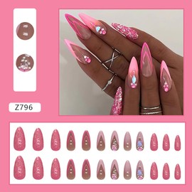 Press on Nails Almond French Tip Pink 24Pcs Glossy Full Cover Acrylic Medium False Nails with Rhinestone Designs Natural Artificial Almond Fake Nails with Glue Stick on Fingernails for Women