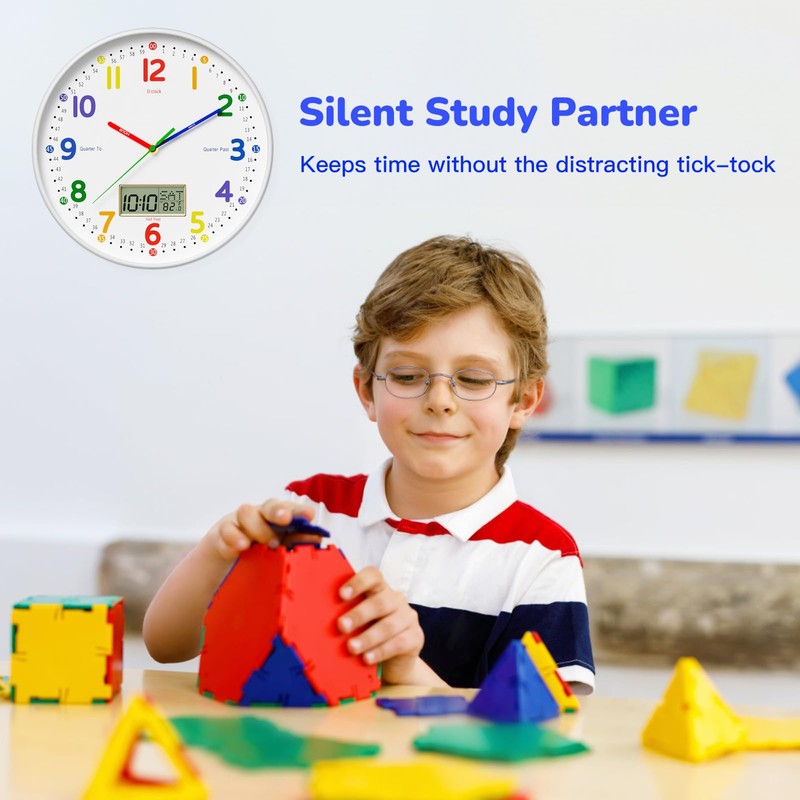 lanktoo 12" Silent Teaching Wall Clock with LCD Date Weekday