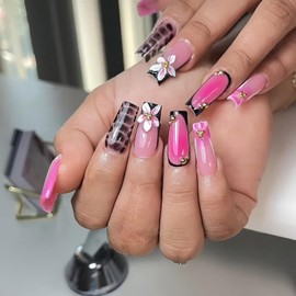 Flower Press on Nails Long Square Black French Fake Nails 3D Embossed Flower Designs Full Cover Acrylic Nails Artificial False Nails Full Cover Glossy Stick on Nails for Women 24Pcs