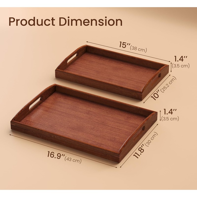 Danfoxer Bamboo Set of 2 Serving Tray with Handles,Large &