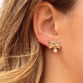 Bow Earrings for Women Pearl Drop Earrings Bow Pearl Stud Earrings Dainty Gold Wedding Brides Earrings Party Prom Jewelry Gifts