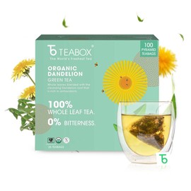 Teabox Premium Organic Green Tea With Dandelion Roots | 100% Whole Leaf Green Tea Leaves | 0% Bitterness | USDA ORGANIC | 100 Tea Bags