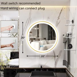 THEKLA 20 inch Gold Frame LED Round Mirror with Front Lights Smart Memory 3 Color Dimmable Anti-Fog Gold Round Lighted Vanity Mirror for Bathroom Wall 20" Golden Framed Rounds Circle Light up Mirrors