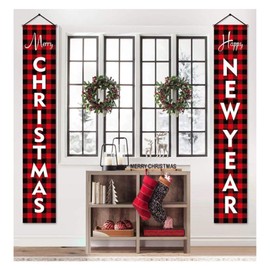 MEMOVAN Christmas Porch Banners, Merry Christmas Happy New Year Red Buffalo Check Plaid Porch Sign, Xmas Banners Hanging Decoration for Farmhouse Holiday Home Indoor Outdoor Porch Wall Xmas New Year