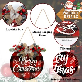 CHDITB Sign Christmas for Door, Merry Christmas Wall Decor, Rustic Wood Plaid Wreath Christmas Decor, Wooden Round Yard Sign Farmhouse Christmas House Door Sign Holiday Decor