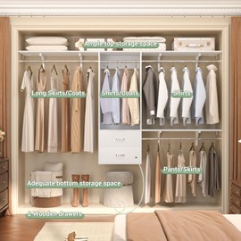iSunirm 96" Closet System with 2 Wooden Drawers, 4-8ft Walk-in Closet Organizer System with 4 Hanging Rods, Adjustable Heavy Duty Wardrobe Clothes Rack, Garment Rack White