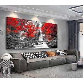LUEAXRG Waterfall Canvas Wall Art Forest Canvas Pictures Red Tree Leaf Landscape Wall Decor Contemporary Artwork Prints for Living Room Bedroom Kitchen Home Office Decoration 24"x 48"