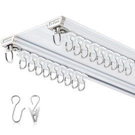 Juexica Ceiling Curtain Double Track Set 3ft-13ft/4 Meter White Double Curtain Track Ceiling Mount Heavy Duty Room Divider Adjustable Length Rails with Clips Hooks End Hook