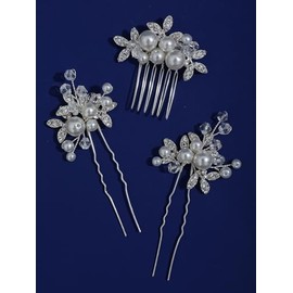 Bridal Hair Pins Set Handmade Pearl and Rhinestone Flower Design Silver Wedding Hair Accessories