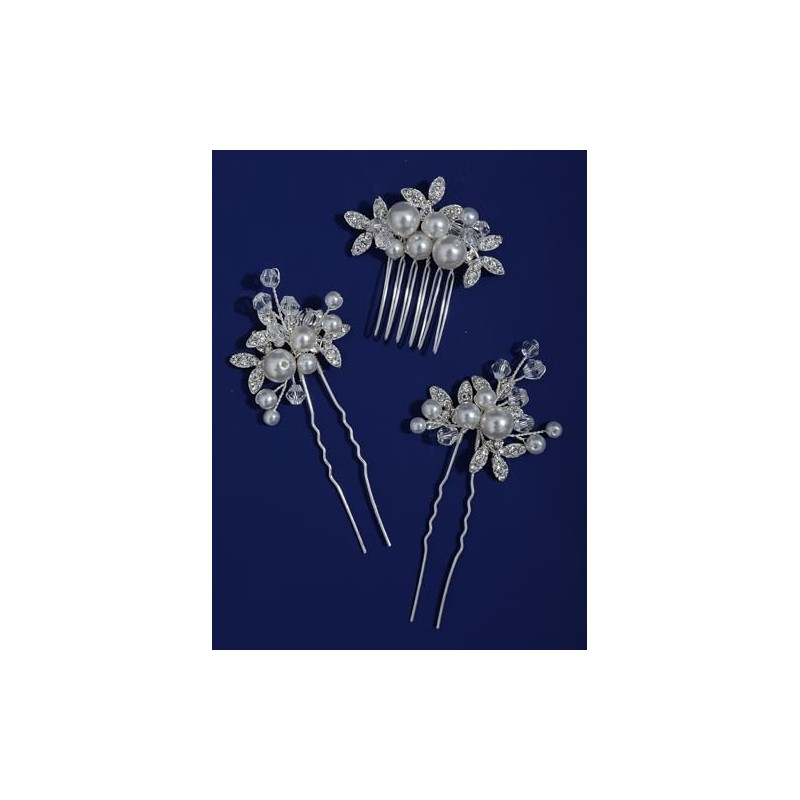 Bridal Hair Pins Set Handmade Pearl and Rhinestone Flower Design