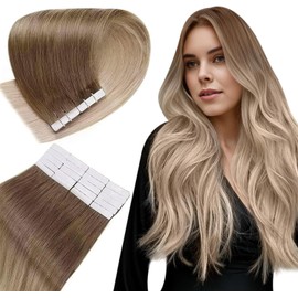 Easyouth Tape-In Real Hair Extensions, Balayage Hair Extensions, Real Hair, Colour Ash Brown Mix Platinum Blonde and Ash Blonde, 20 Inches, 50 g, Glue-In Hair Extensions, Real Hair, #8/60/18