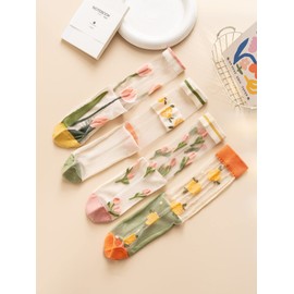 GORGLITTER Women's 4 Pairs Sheer Mesh Flower Patterned Thin Casual Crew Socks Transparent Cute Summer Socks Multicolor Floral One Size
