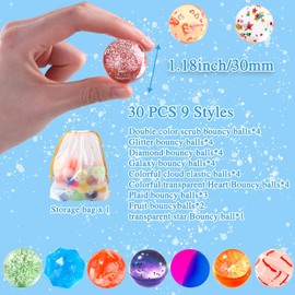 JOICEE 30PCS Bouncy Balls for Kids,9 Assorted Styles 30mm Bouncy Balls Bulk Rubber High Bouncing Toys with Storage Bag for Boys Girls Party Favors Birthday Gifts Classroom Prizes