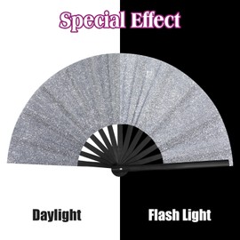 Ripeng 13" Glitter Large Rave Folding Hand Fan Clack Rave Fan for Women with Leg Strap and Fabric Case Bag for Dance, Edm(Silver)