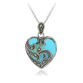 B. BRILLIANT Sterling Silver Synthetic Turquoise & Marcasite Heart Love Necklace for Women