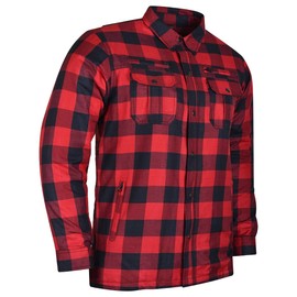 Mens Armored Checkered Flannel Biker Shirt, Multiple Waterproof Storage Pockets CE Approved Armor Reinforced Water Resistant (Red, L)