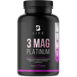 Mezcla de Magnesios Premium con 240 Cápsulas 1500 mg por poción. Adicionado con Colágeno Hidrolizado, Vitamina D3 y Vitamina C. 3 Mag Platinum B Life.