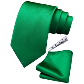 Branduce Solid Emerald Green Tie for Men Wedding Business Silk Plain Green Necktie Pocket Square and Tie Bar Set (TA01-19)