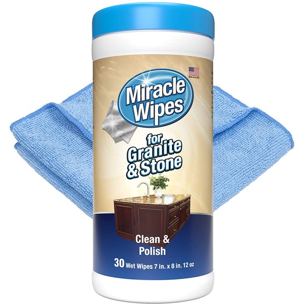 MiracleWipes for Granite & Stone, Clean, Protect, and Polish Countertops and Stone Surfaces Including Marble, Quartz, Slate, Tile, and Laminate, Great for Kitchen and Bathroom Cleaning Support, Includes Microfiber Towel - 30 Count Kit