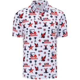 Mens Golf Polo Shirts Short Sleeve Performance Moisture Wicking Dry Fit Casual Print Funny Golf Polo Shirts for Men Patriotic USA American Flag Shirts for Men