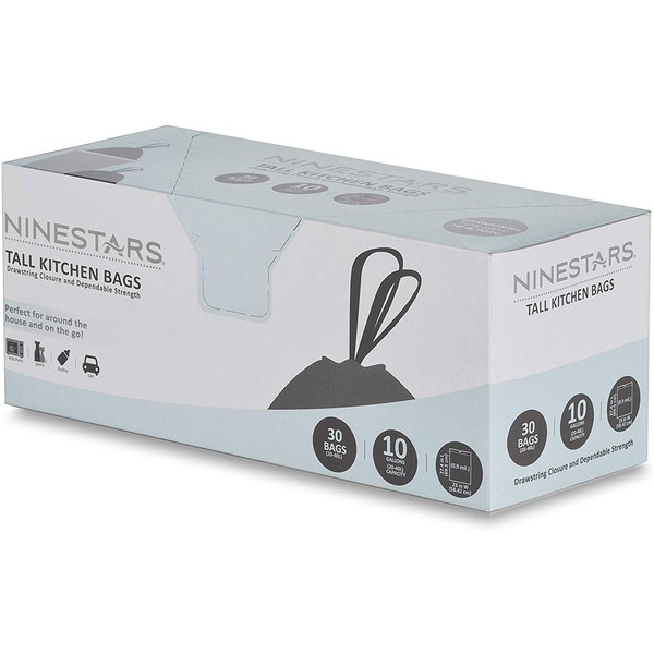 NINESTARS NSTB-10-30 Extra Strong White Trash Bag w/Drawstring Closure, 10 Gal. / 40 L., 30 count